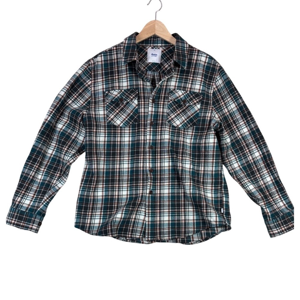 Katin‎ Mens Plaid Flannel Button Down Shirt Teal White Orange Size M